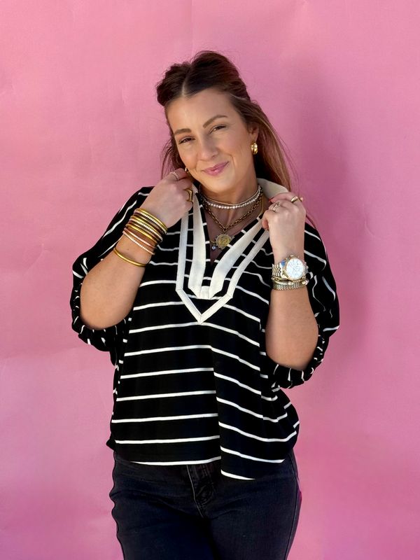 Coastal Breeze Stripe Popover Top - Black/Navy