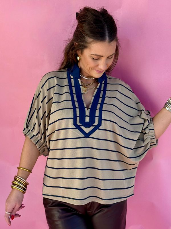 Coastal Breeze Stripe Popover Top - Sand/Navy