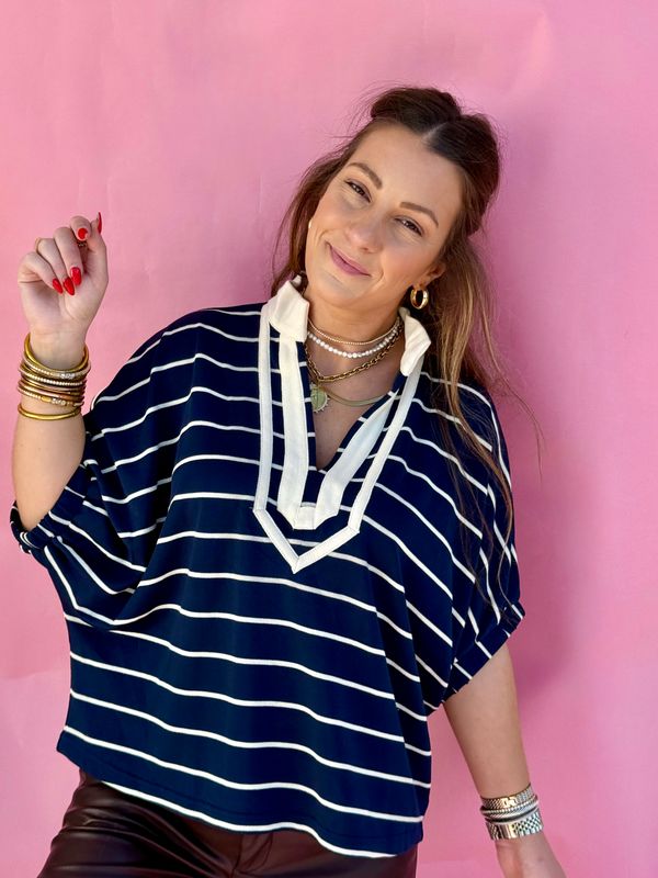 Coastal Breeze Stripe Popover Top - Cream/Navy