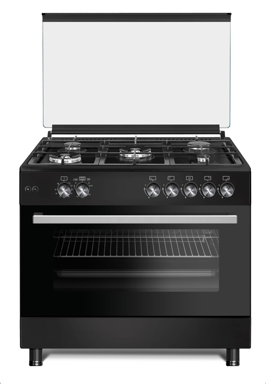 90cm Gas Range With Lid, 2 Wok Burners & Warmer Compartment Matt Black