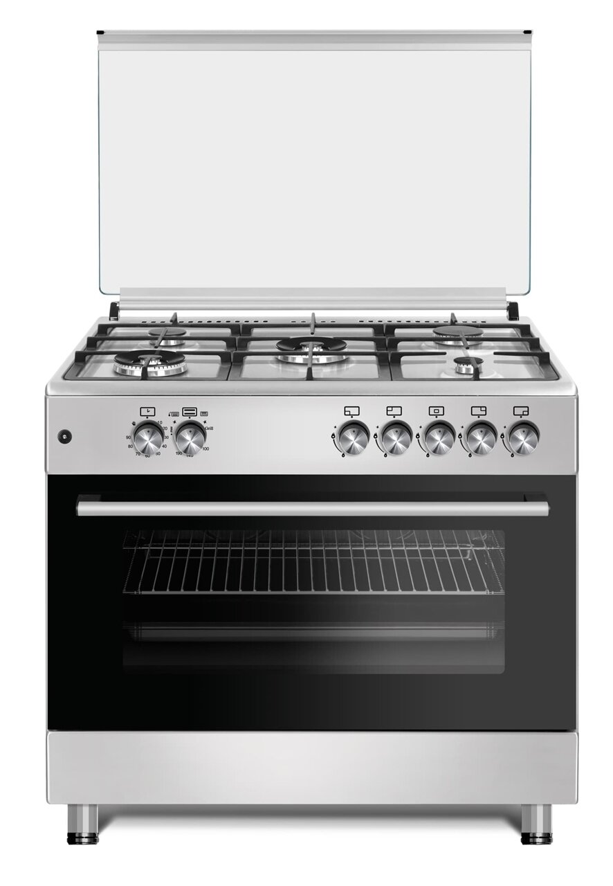 90cm Gas Range With Lid, 2 Wok Burners & Warmer Compartment - Stainless Steel