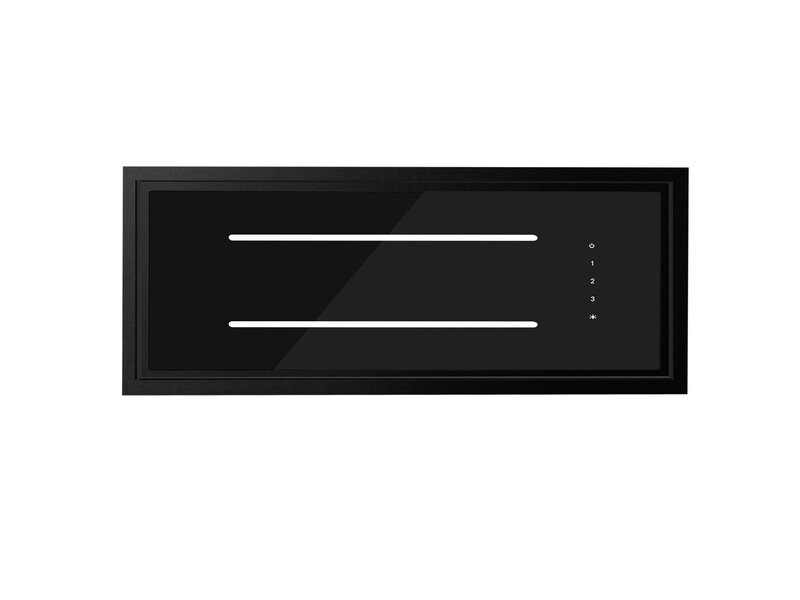 Aria Flush Fit Ceiling Hood 90 x 30 Black Glass / Black Frame Steel Fits Between Joists