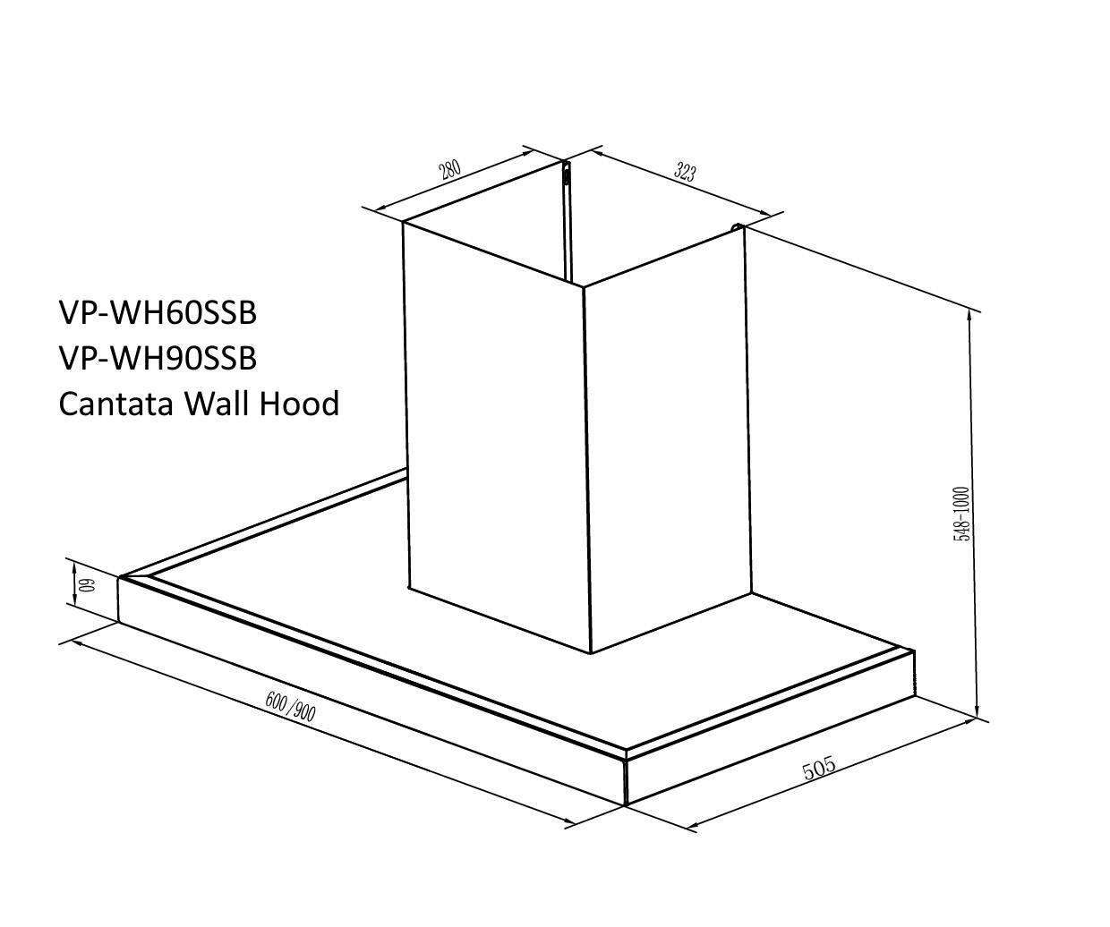 Cantata Powerful 60cm Digital Wall Hood 750m3/hr - Stainless Steel / Black Glass