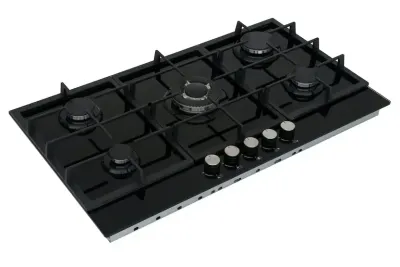 ViandPro 90cm 5 Burner Gas On Glass Inc Wok Burner Gas Hob – Black Glass