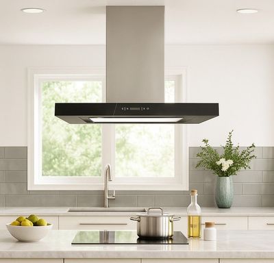 ViandPro Maestro 90cm Island Cooker Hood – Stainless Steel & Black Glass with LED Panel ViandPro Maestro 90cm Island Cooker Hood – Stainless Steel & Black Glass with LED Panel