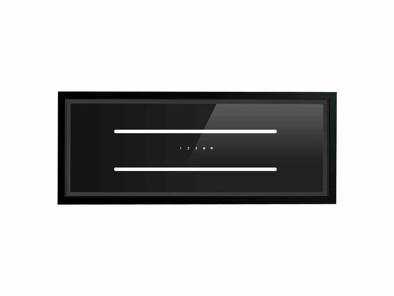 Aria Flush Fit Ceiling Hood 90 x 30 Black Glass / Black Frame Steel Fits Between Joists