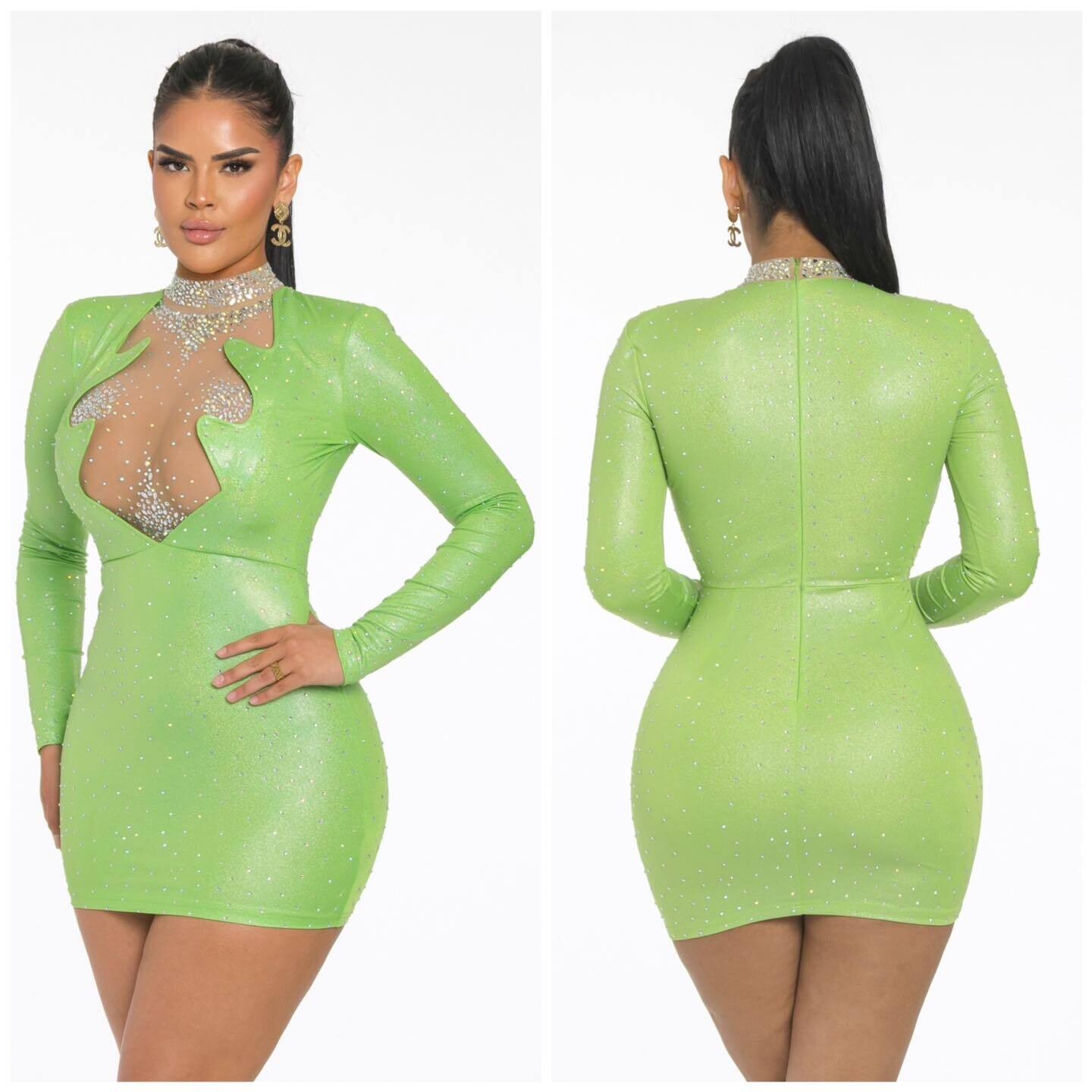 Metallic Rhinestone Long Sleeve Mini Dress LIME