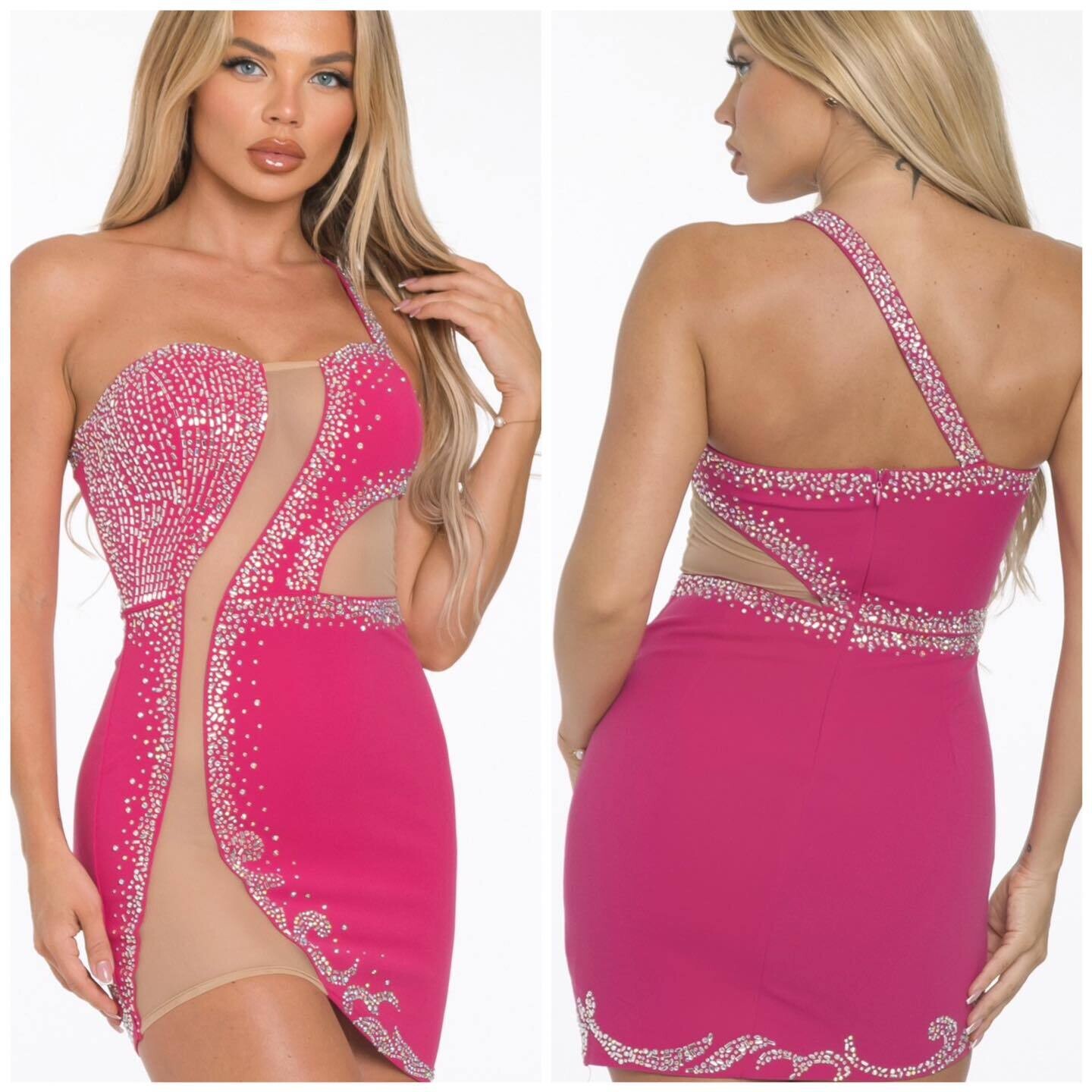 RHINESTONE CROSSOVER ONE SHOULDER BODYCON DRESS