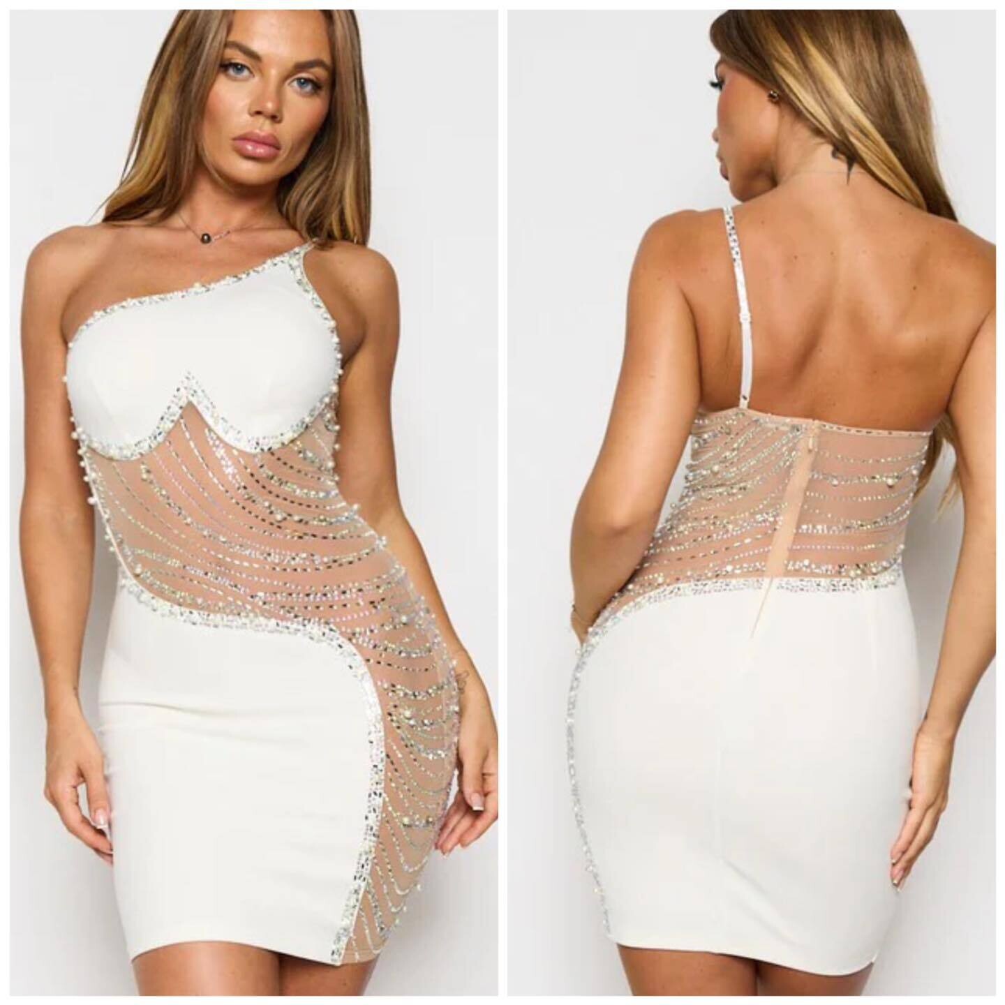 Karla Rhinestone/ Pearl Stud Mini Dress (White)