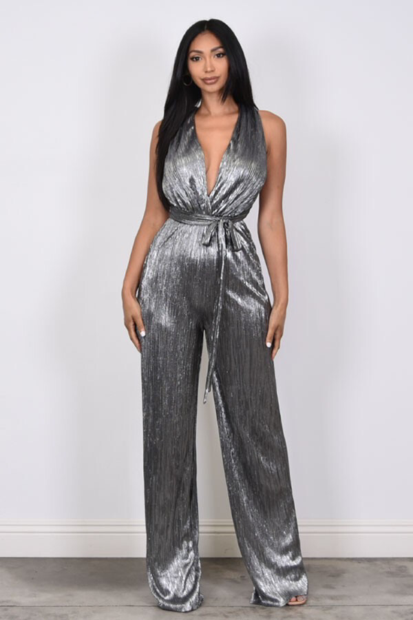 METALLIC BODDRE HALTER JUMPSUIT ( SILVER )