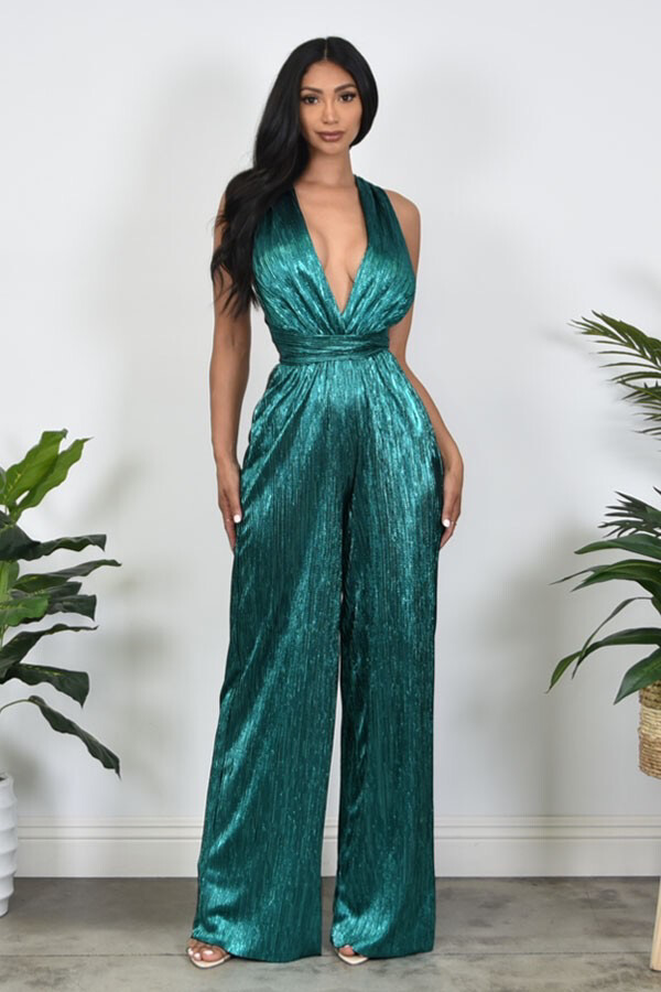 METALLIC BODDRE HALTER JUMPSUIT ( JADE )