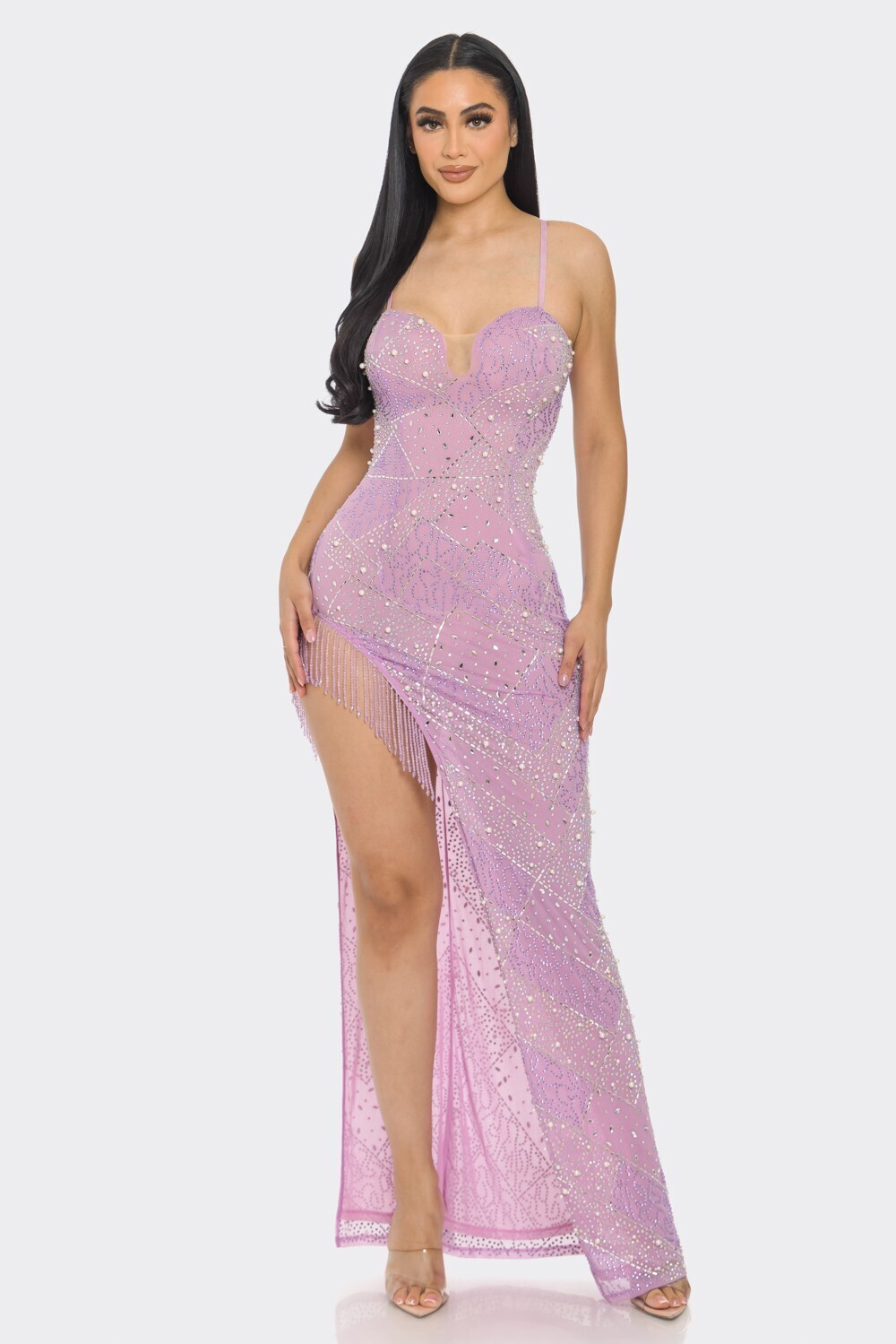 RHINESTONE W/BEADED TASSEL MAXI DRESS