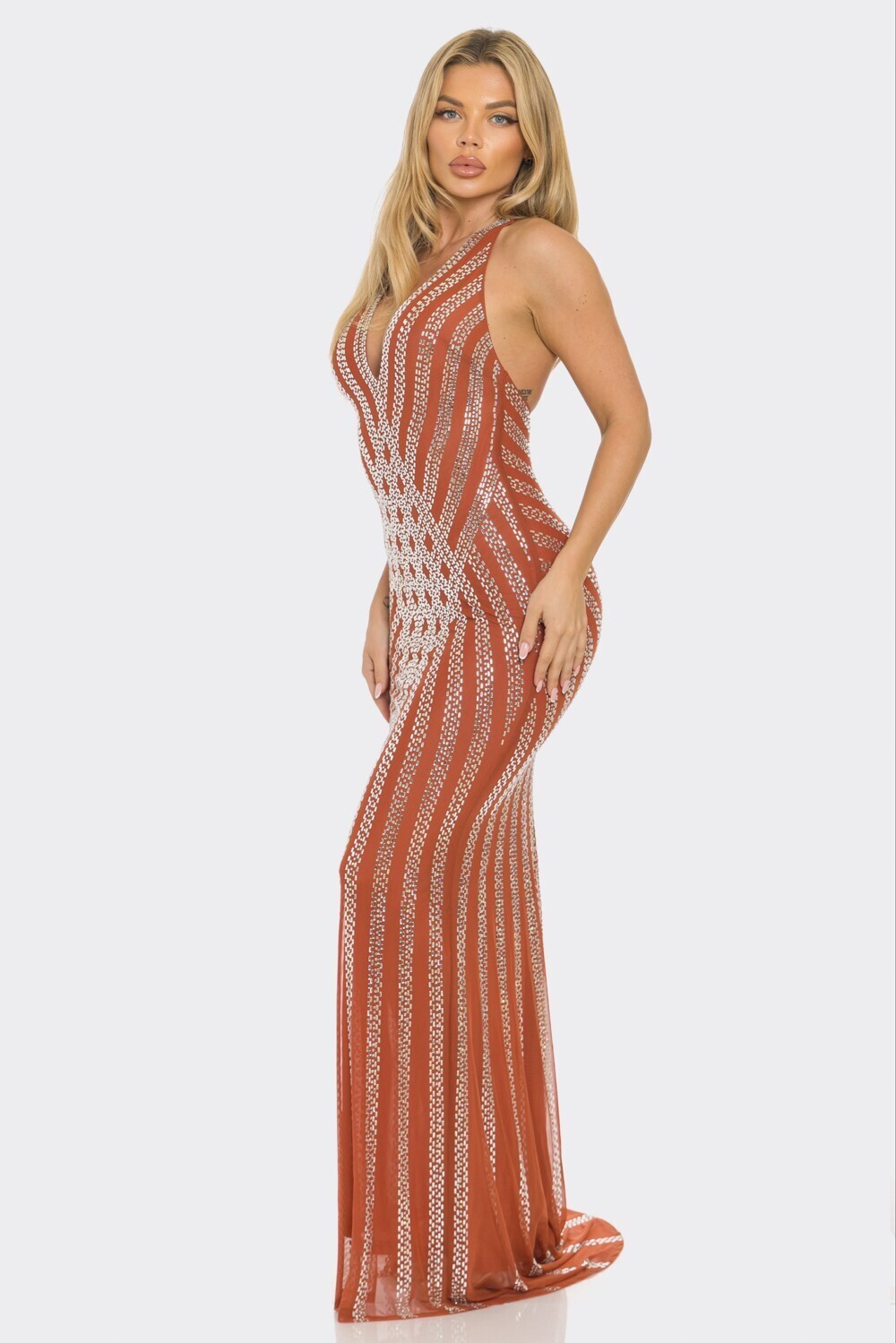 RHINESTONE V-NECK MERMAID MAXI DRESS