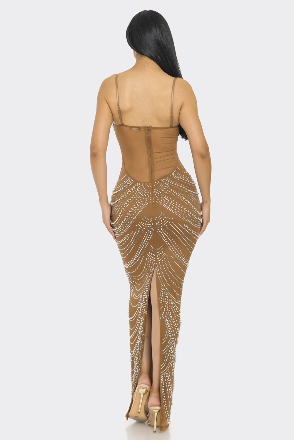 RHINESTONE/PEARL CHAIN EMBELLISHED MAXI DRESS
