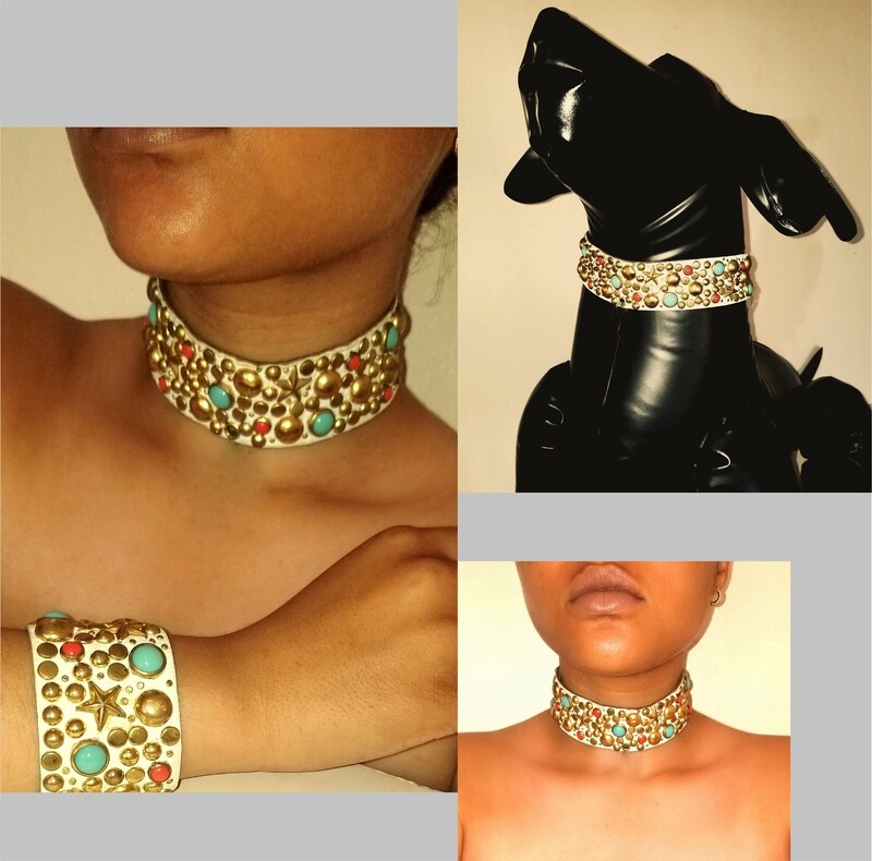 White Studded Choker  &amp; Cuff: For People &amp; Pets: FW