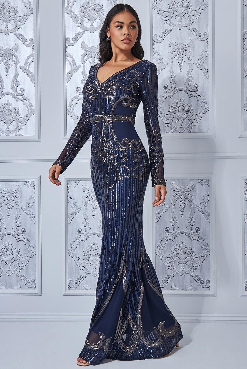 Abito lungo ricamato con paillettes - BLU ROYAL