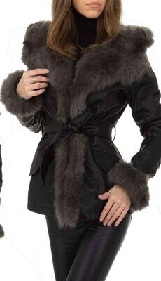 Cappotto Ecopelle sciallato con cappuccio in pelliccia ecologica e interno Teddy - Nero