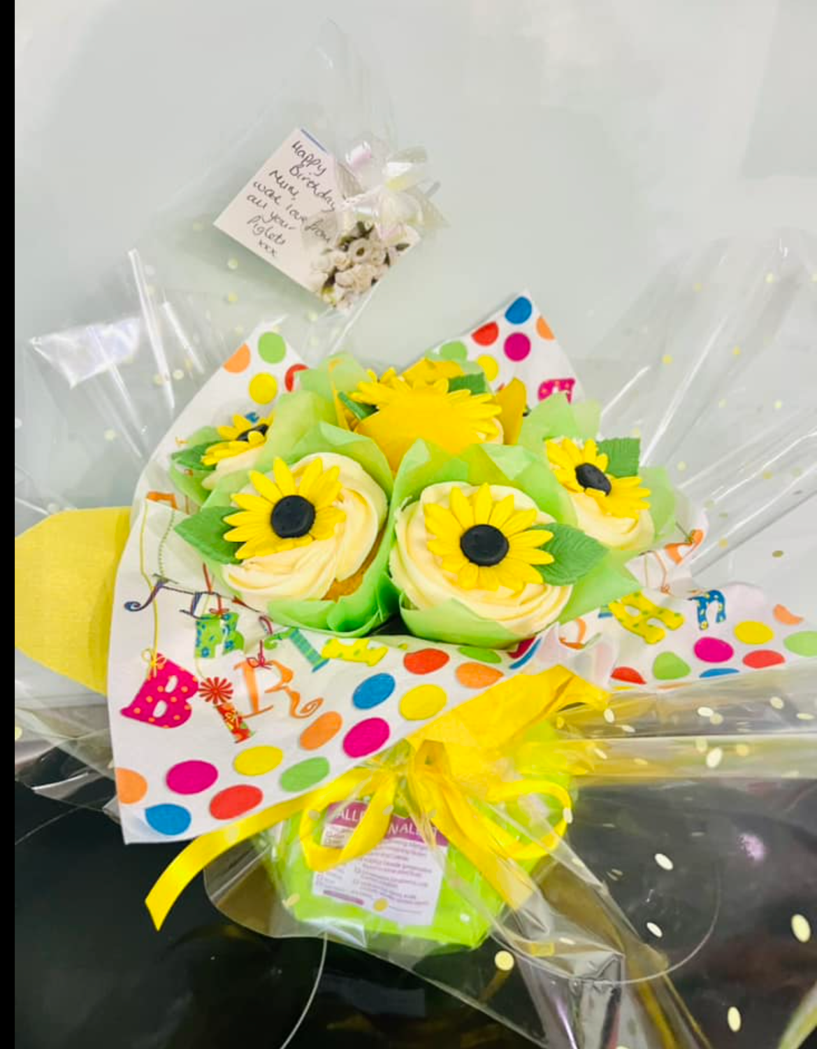 Yellow sunflower 7 cupcake bouquet- giftwrapped
