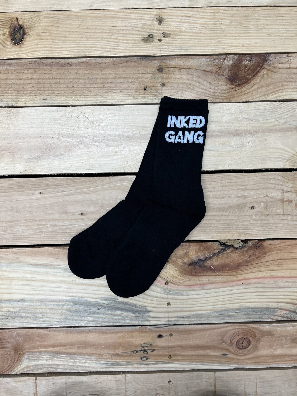 Black INKED GANG Socks White Lettering