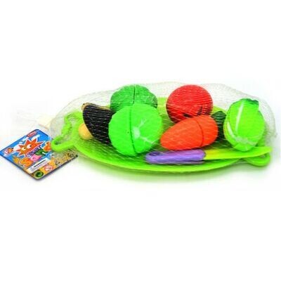 Plastic pretend vegetables on plate with knife - 6 veggies with velcro for pretend cutting