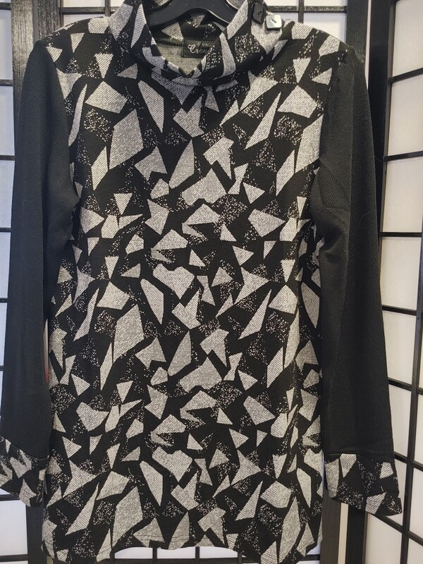 Black/Grey Pattern Top w/ High Collar