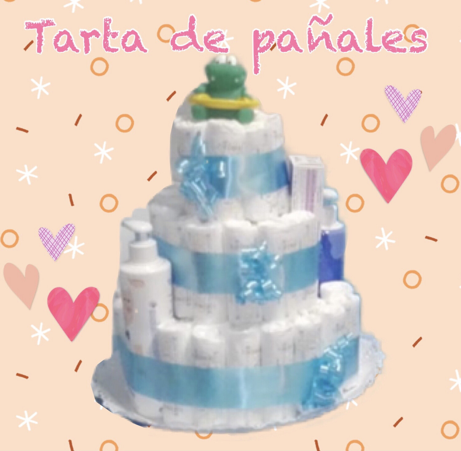 Tarta de pañales con productos de higiene Mustela