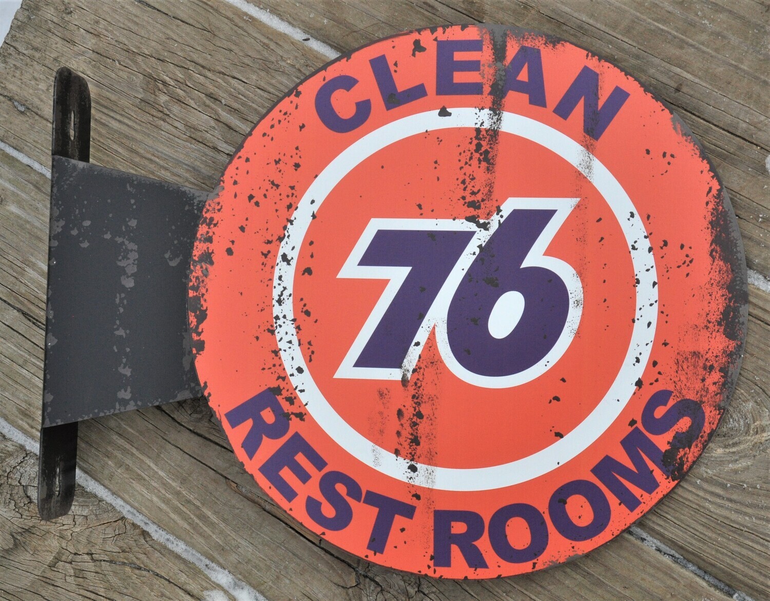 76 clean rest room  FLANGE SIGN WEATHERED LOOK