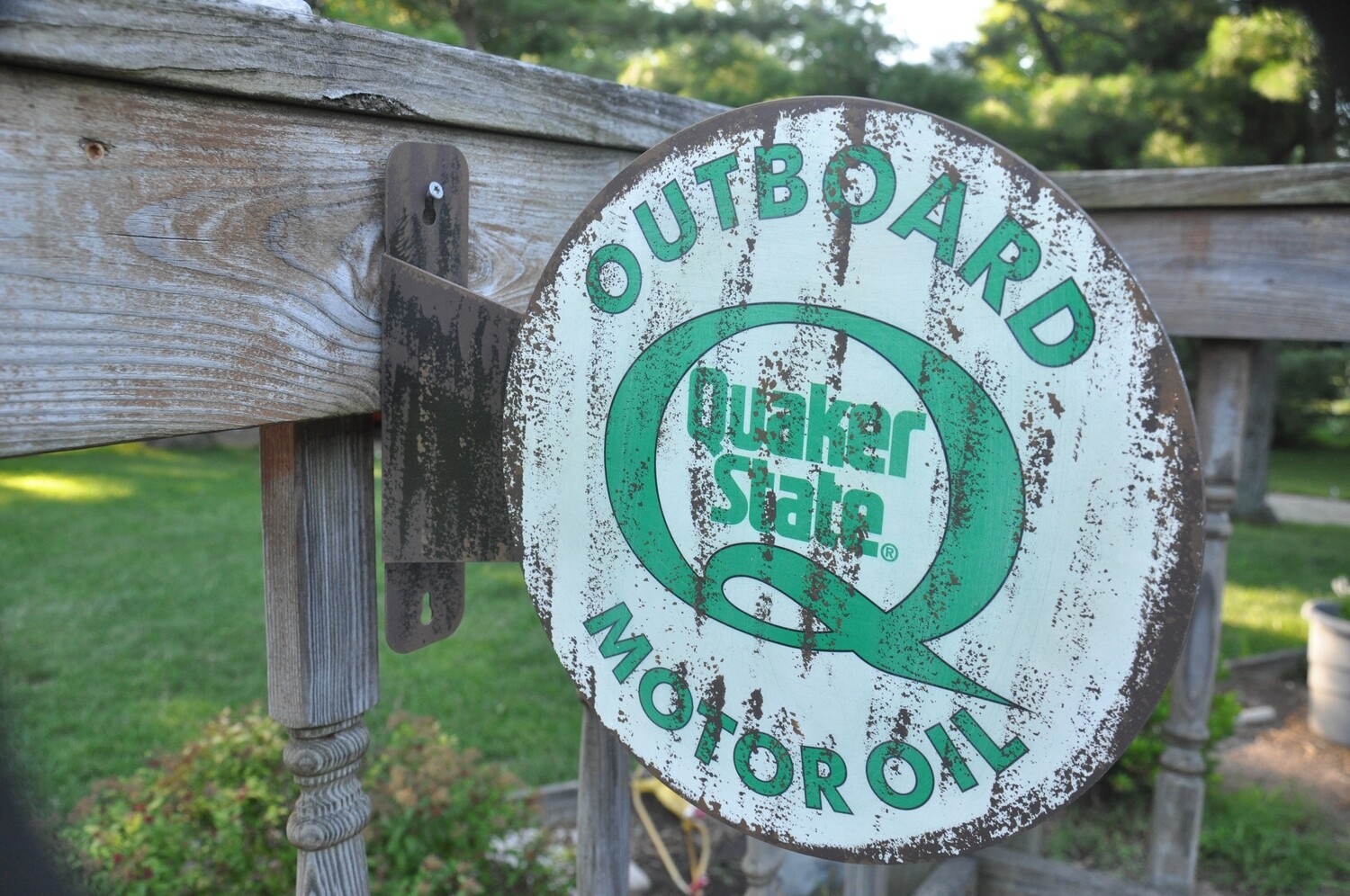 QUAKER STATE OUTBOARD OIL FLANGE SIGN, WEATHERED LOOK