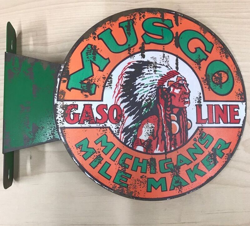 MUSGO GASOLINE  FLANGE SIGN, WEATHERED LOOK