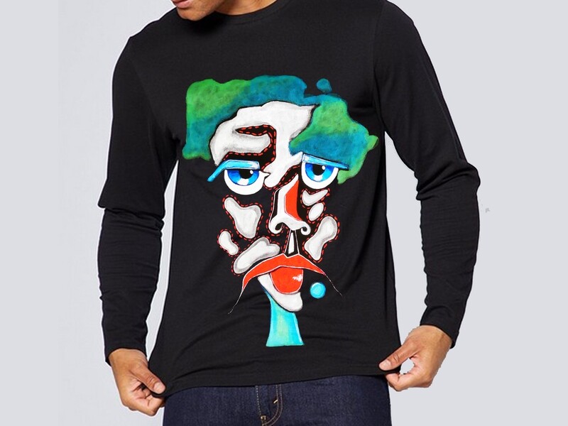 The Absurd Black Long Sleeve Regular Fit Crew Neck  T-Shirt Unisex hand painted organic cotton