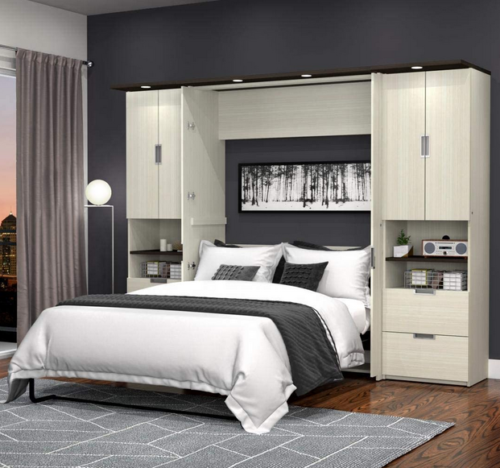 Queen Murphy Bed With Desk Storage Unit With Drawers and Doors - White Chocolate