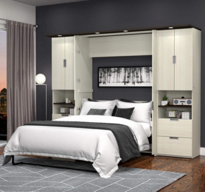 Queen Murphy Bed With Desk Storage Unit With Drawers and Doors - White Chocolate
