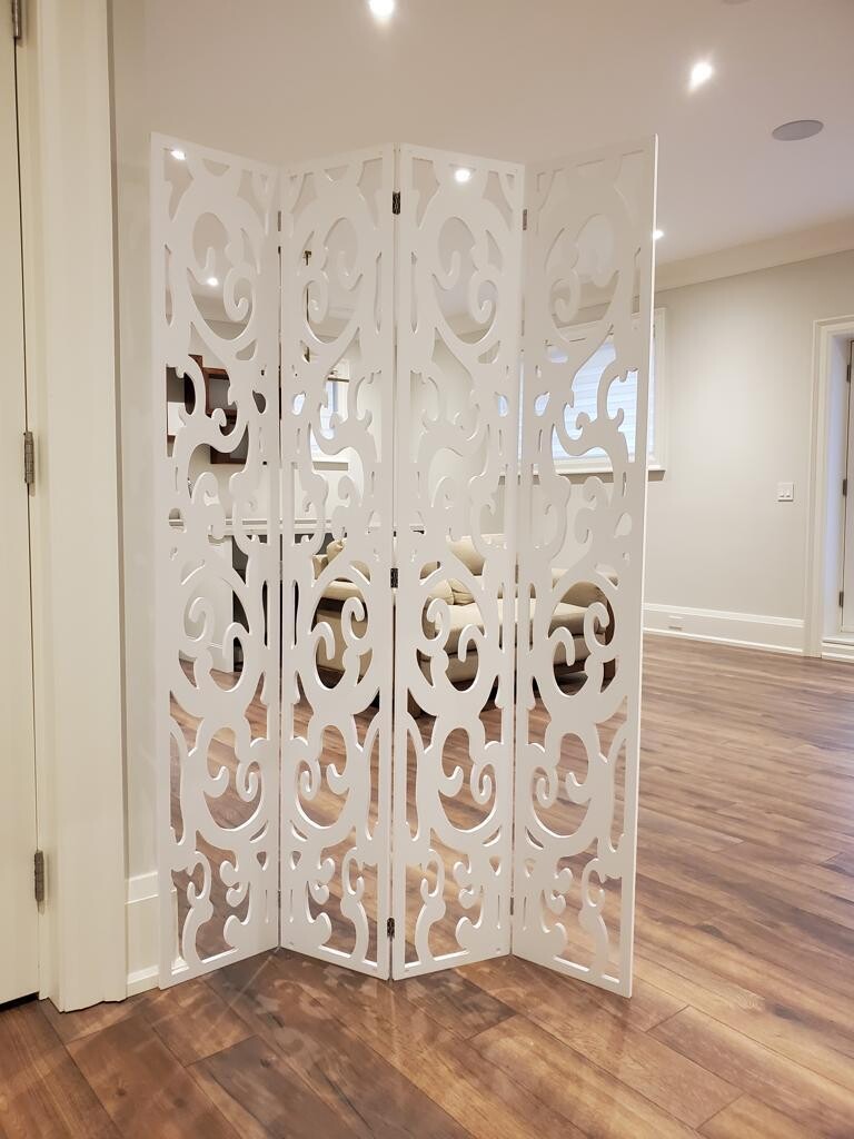 Scroll Design White PVC Room Divider 4 Panels