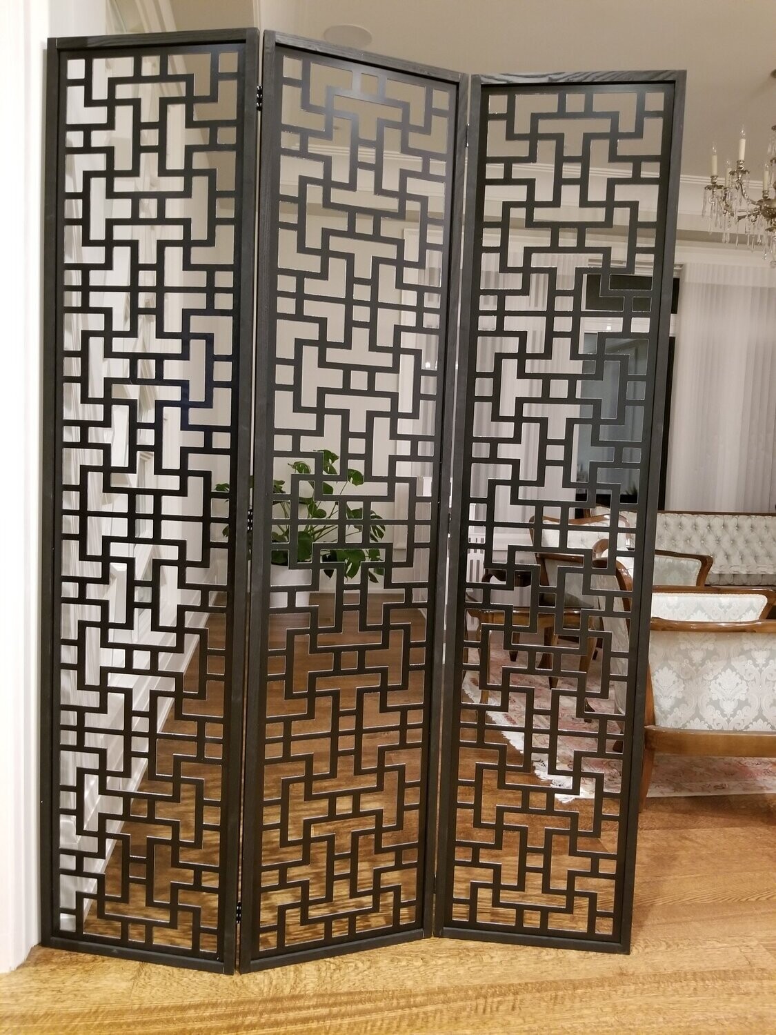 Lattice Design Black Room Divider with Wood Frame Black Aluminum