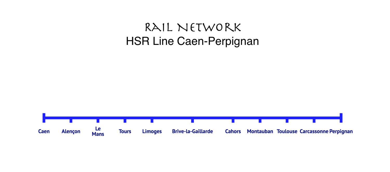 HSR Line Caen-Alençon-Le Mans-Tours-Limoges-Brive la Gaillarde-Cahors-Montauban-Toulouse-Carcassonne-Perpignan