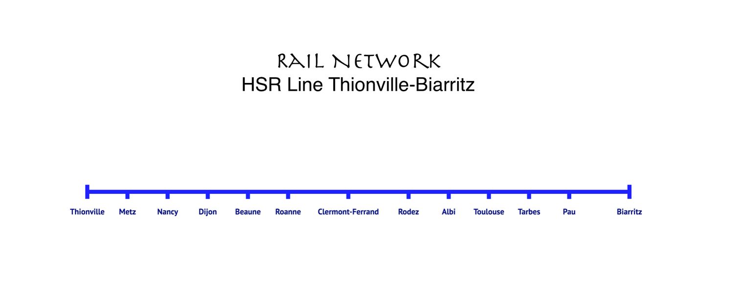 HSR Line Thionville-Metz-Nancy-Dijon-Beaune-Roanne-Clermont Ferrand-Rodez-Albi-Toulouse-Tarbes-Pau-Biarritz