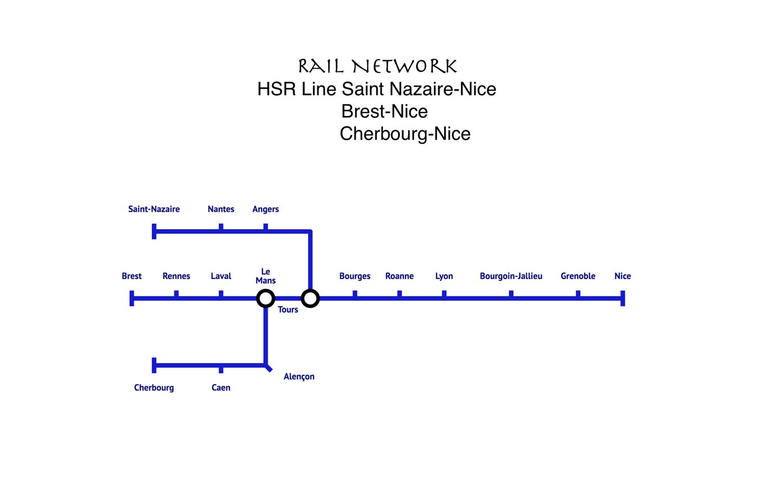HSR Line Nice-Grenoble-Bourgoin Jallieu-Lyon-Roanne-Bourges-Tours-Angers-Nantes-Saint Nazaire-Le Mans-Laval-Rennes-Brest-Alençon-Caen-Cherbourg