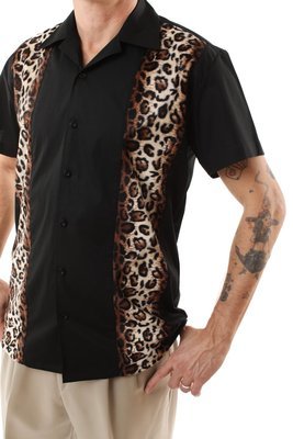 Retro Bowling Shirt with Leopard Panels (Black) Retro Bowling Shirt with Leopard Panels (Black)