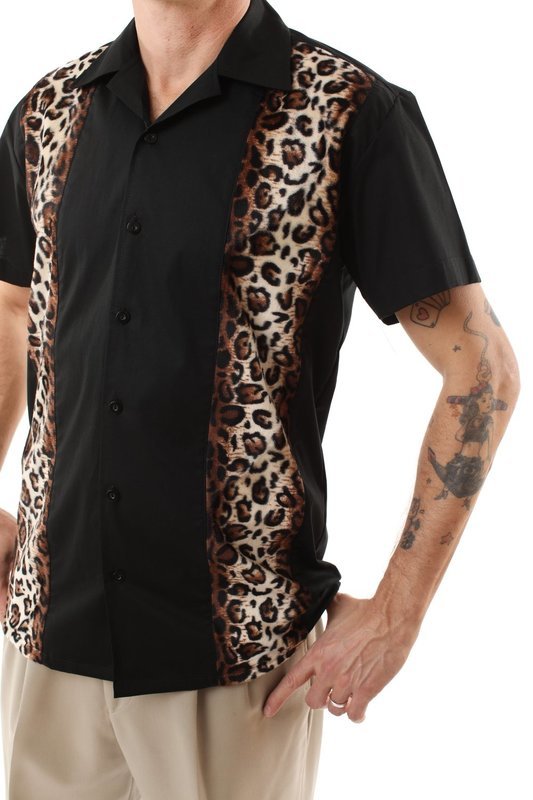 Retro Bowling Shirt with Leopard Panels (Black) Retro Bowling Shirt with Leopard Panels (Black)