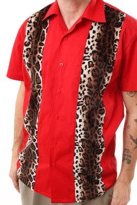 Retro Bowling Shirt with Leopard Panels (Red) Retro Bowling Shirt with Leopard Panels (Red)