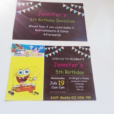 Sponge Bob Party Invitations - (20) customised with your information
