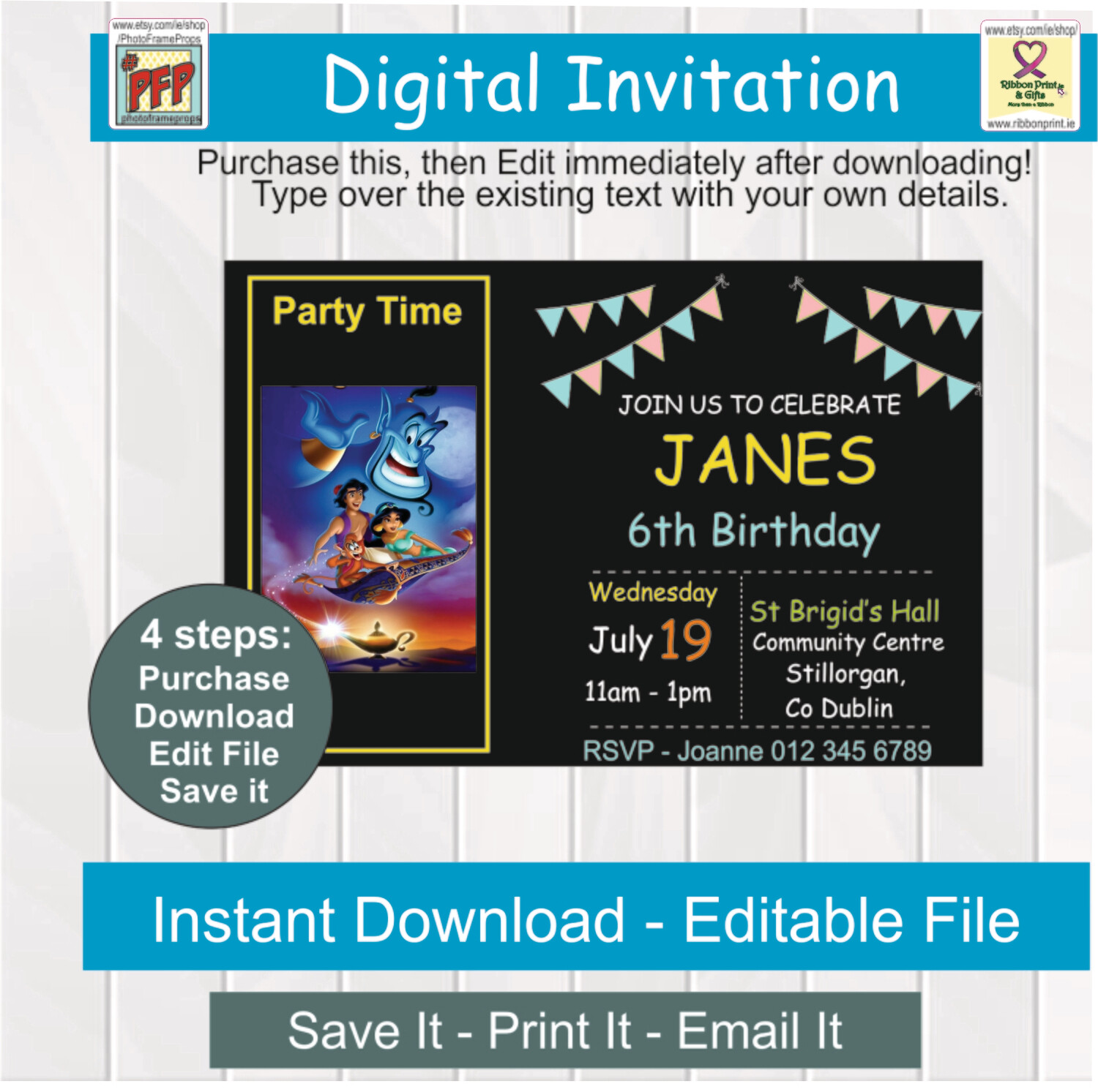 Aladdin &amp; Jasmine- Flying Carpet Party Invitation - Invite -Editable Digital PDF - Instant Download - 6x4