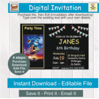 Aladdin &amp; Jasmine- Flying Carpet Party Invitation - Invite -Editable Digital PDF - Instant Download - 6x4
