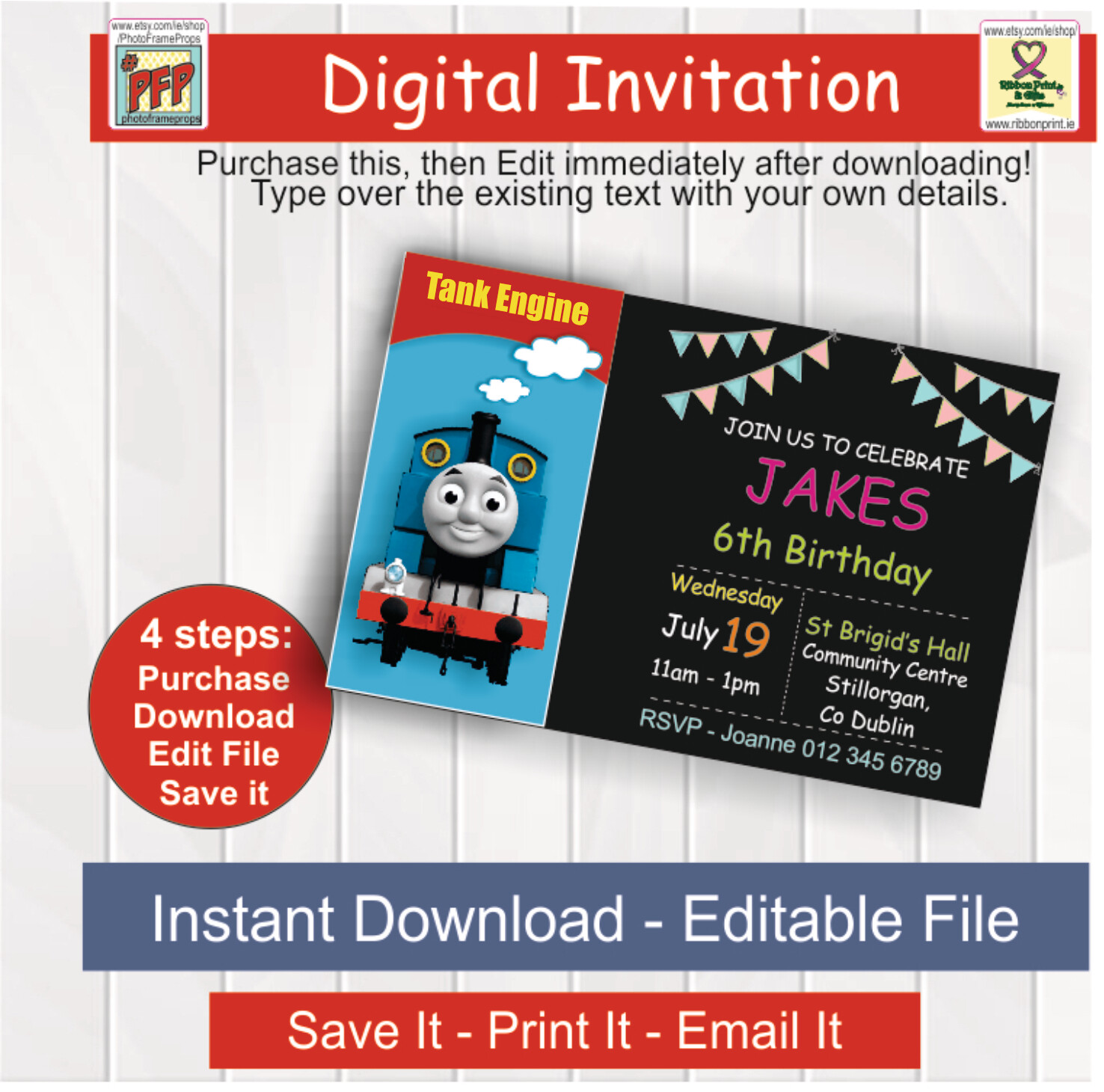 Tank Engine Party Invitation - Party Baby Invite -Editable Digital PDF - Instant Download - 6x4