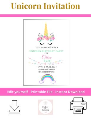 Unicorn Magic Invite - Girls Birthday Party - DIY Template invitation - Printable file - Editable invitations
