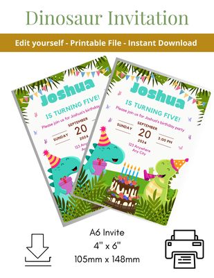 Dino Birthday Invite - Boys Birthday Party - DIY Template invitation - Printable file - Editable invitation