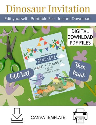 Dinosaur Birthday Invite - Boys Birthday Party - DIY Template invitation - Printable file - Editable invitation