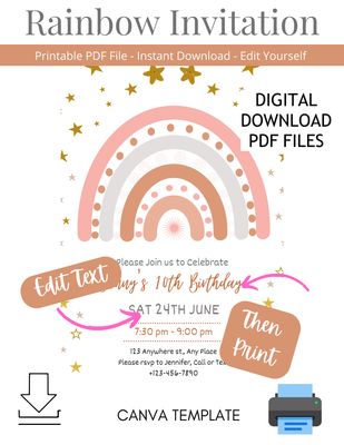Rainbow Invite - Girls Birthday Party - Rainbow invitation - DIY Template invitation - Printable file - Editable invitations