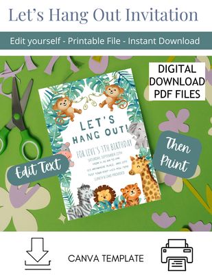 Let's Hang Out  Birthday Invite - Animal Party invitation - - DIY Template invitation - Printable file - Editable DIY Card