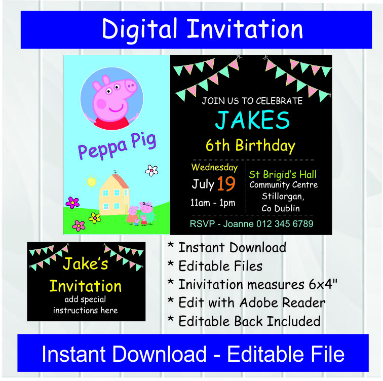 Peppa Pig Party Invitation - Editable Digital PDF - Instant Download - 6x4